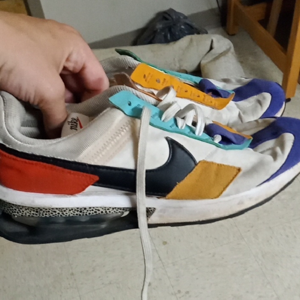 Womans Nike Pre Day Safari White and Red Sneakers with Blue and Tan Accents
